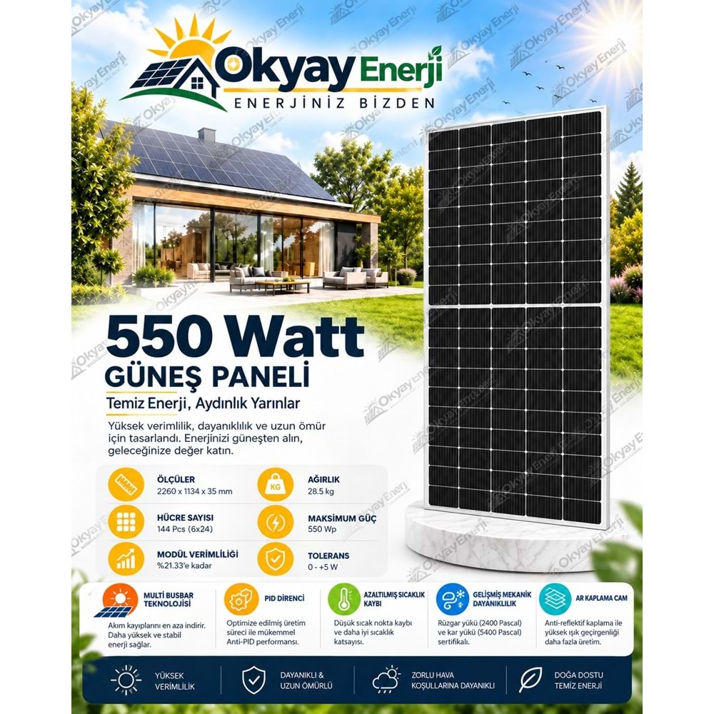 Okyay Enerji 550 Watt MonoKristal Güneş Paneli A+