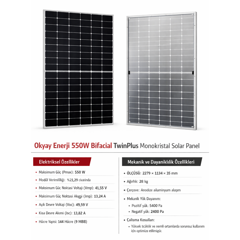 Okyay Enerji 550W Bifacial TwinPlus Monokristal Solar Panel